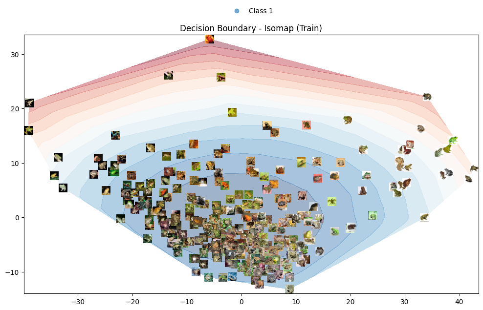 Decision boundary on the target class of the CIFAR-10 dataset using Isomap mapping